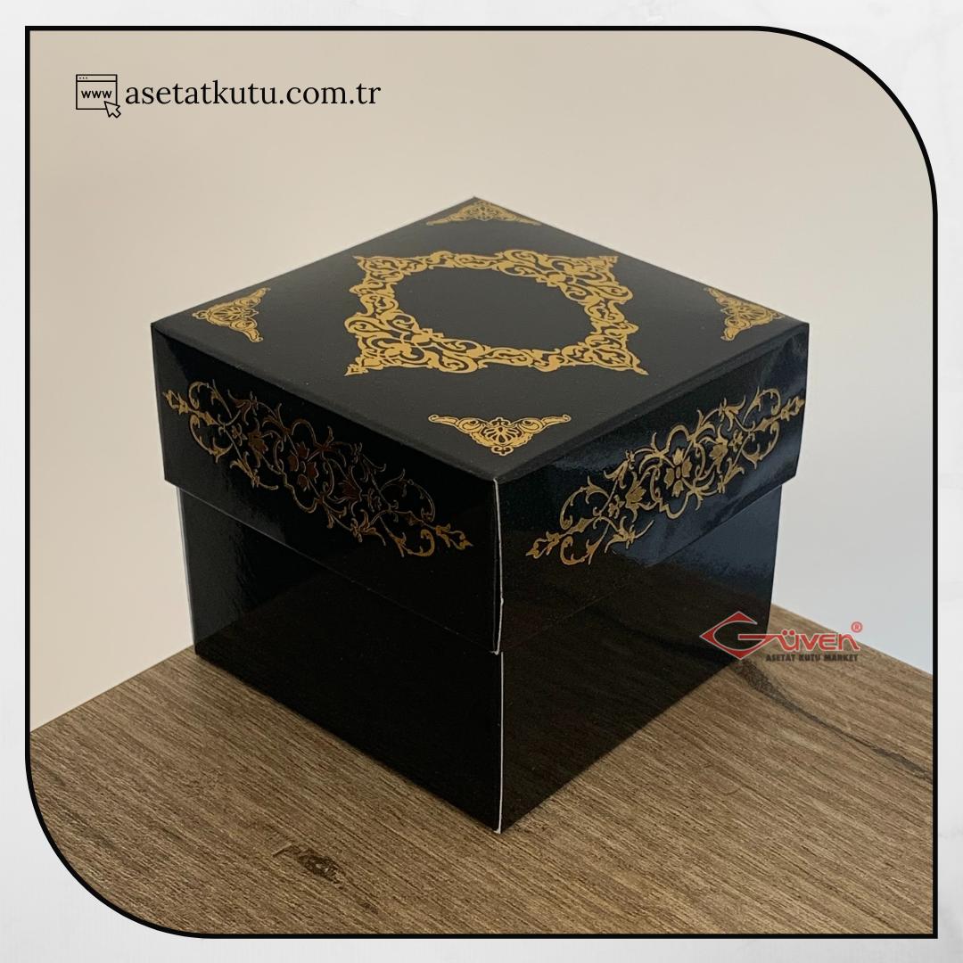 8x8x6.5 Siyah Üzeri Gold Saray Desenli Komple Karton Kutu