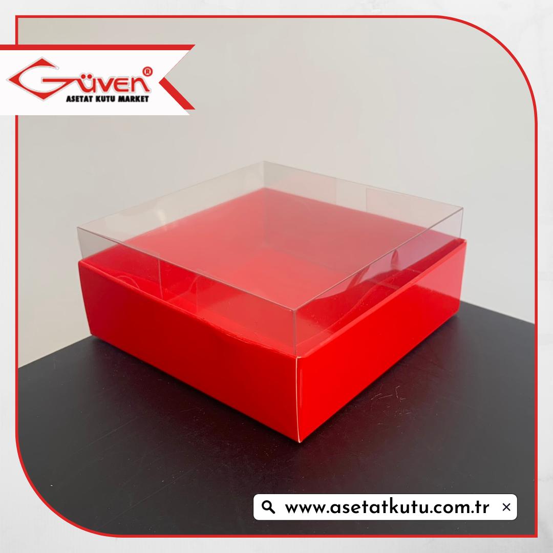 10x10x4 Altı Kırmızı Karton Üstü Asetat Kutu