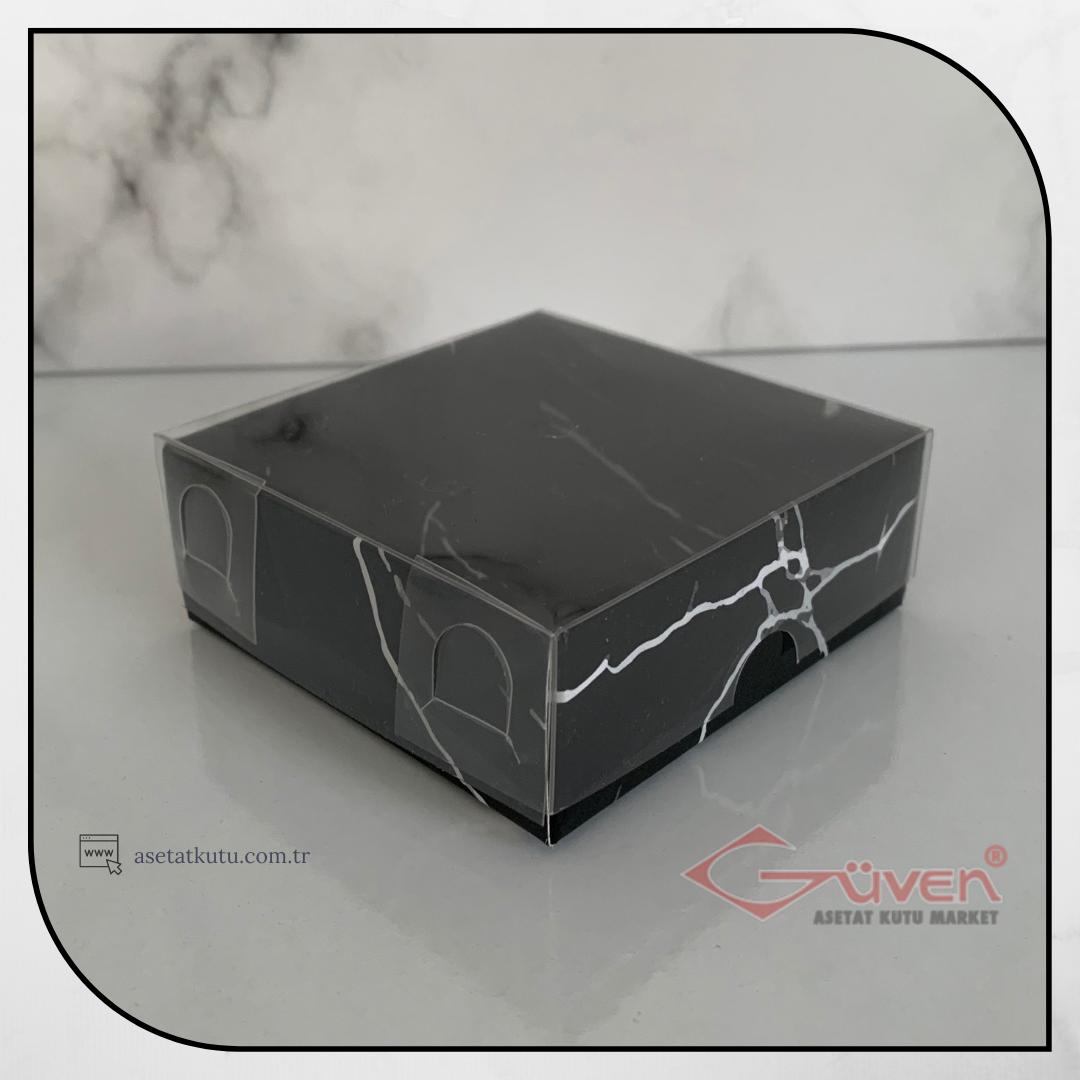 8x8x3 Altı Siyah Mermer Desenli Karton Üstü Asetat Kutu